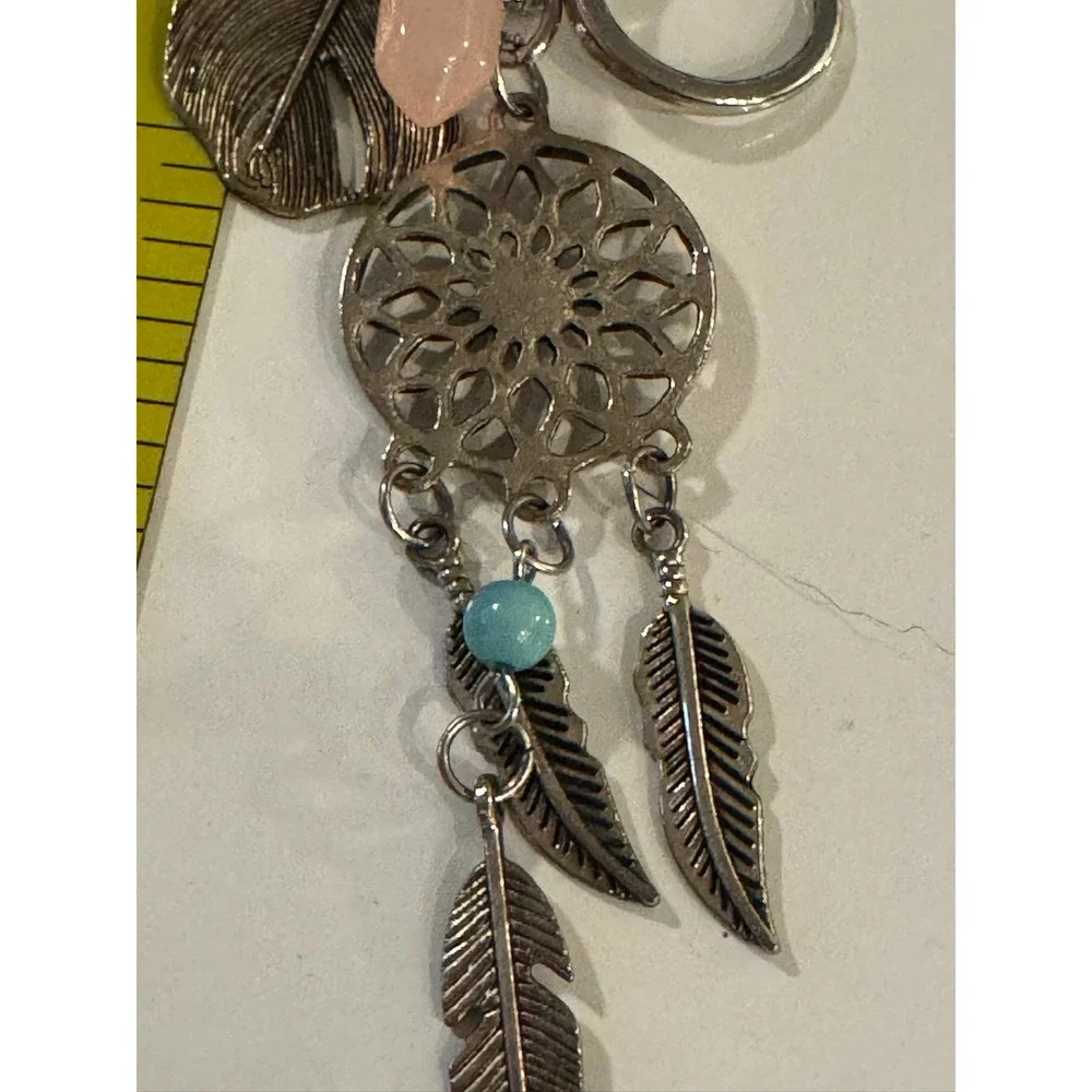 Boho Silver Dreamcatcher Hamsa Pink Quartz Leaf Keychain Bag Charm Accessory